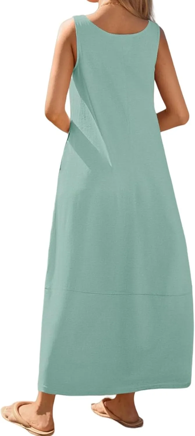 Womens Summer Dress Square Neck Pleated Swing Casual Maxi Dresses Sexy Sleeveless Long Dress Beach Party Dresses 2025