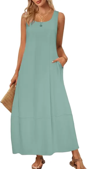 Womens Summer Dress Square Neck Pleated Swing Casual Maxi Dresses Sexy Sleeveless Long Dress Beach Party Dresses 2025