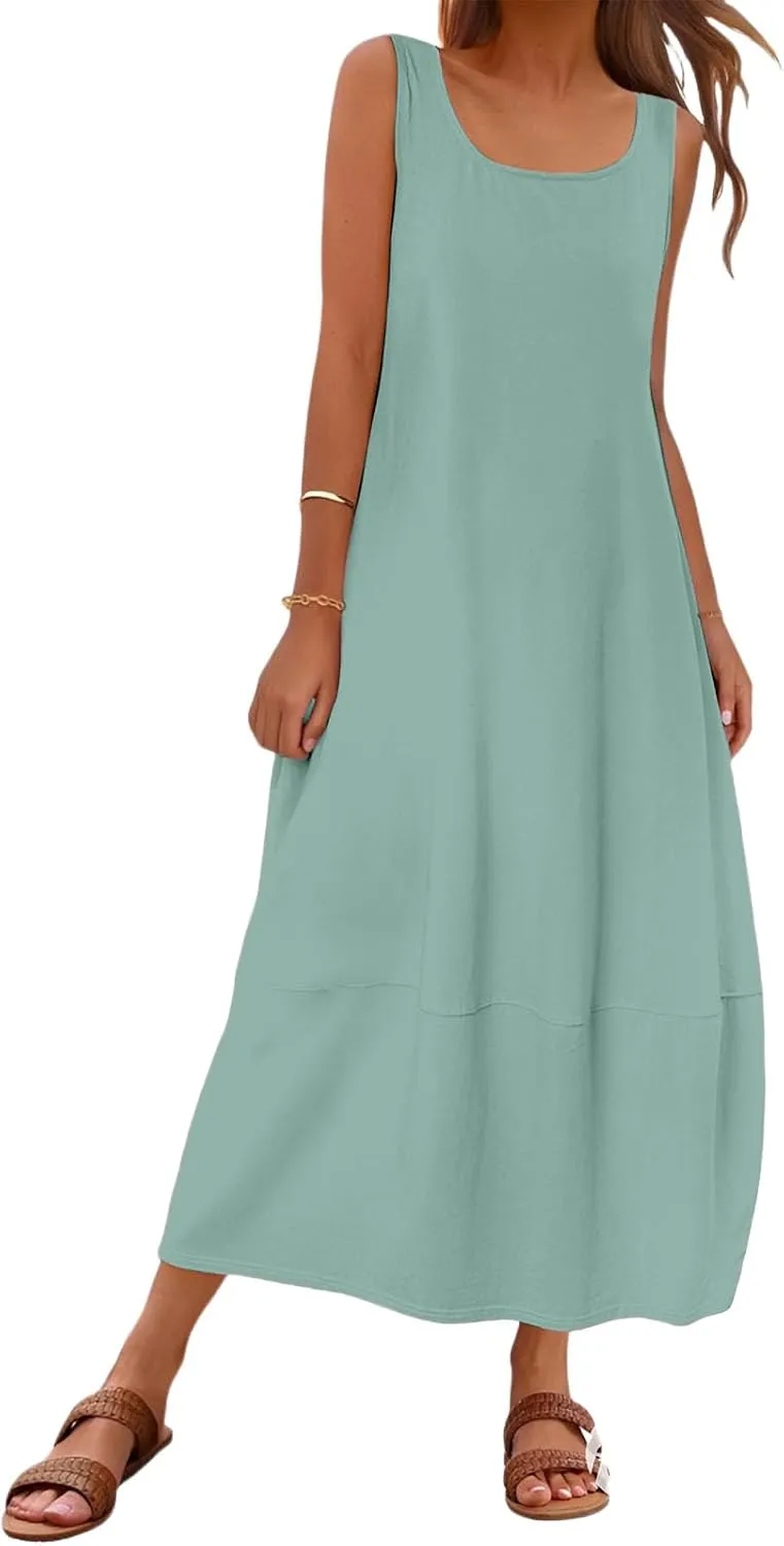 Womens Summer Dress Square Neck Pleated Swing Casual Maxi Dresses Sexy Sleeveless Long Dress Beach Party Dresses 2025
