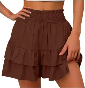Womens Summer Flowy Mini Skorts Skirts Smocked Waist Ruffle Tiered Casual Cute Boho Beach Short Skirts Built-in Short