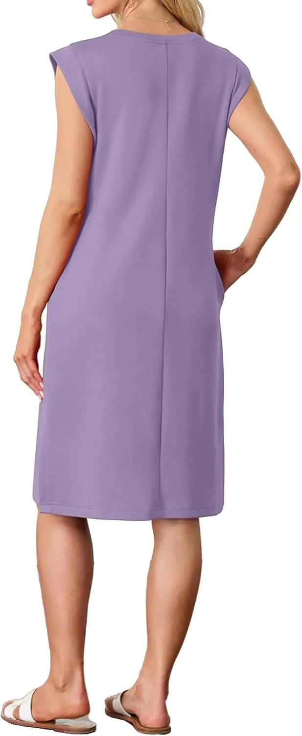 Womens Summer Midi Dress Sleeveless Crew Neck Loose Side Split Dress Casual Dressy Trendy T Shirt Dress with Pockets