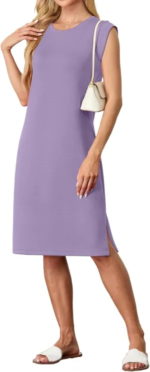 Womens Summer Midi Dress Sleeveless Crew Neck Loose Side Split Dress Casual Dressy Trendy T Shirt Dress with Pockets