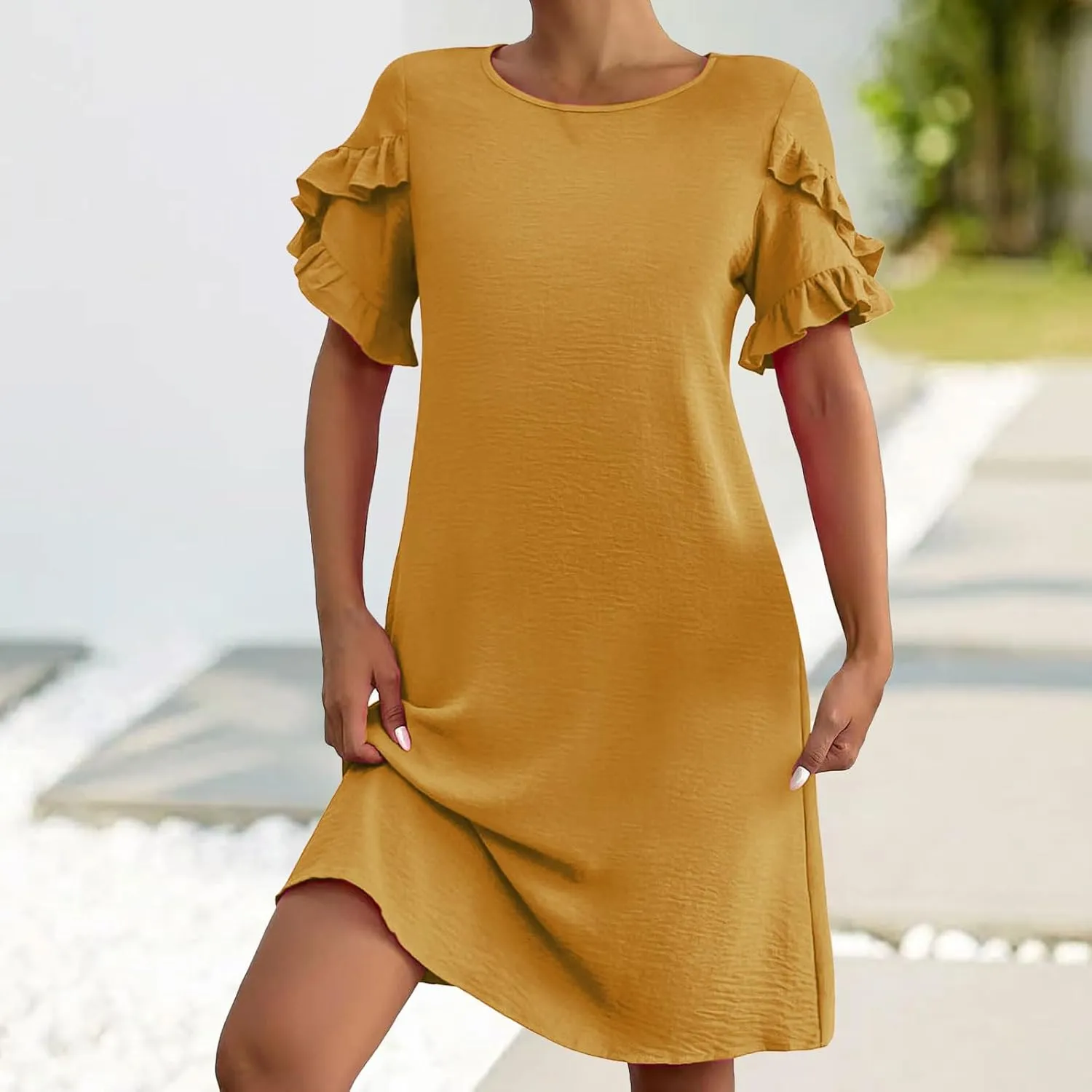 Womens Summer Mini Dress Crewneck Petal Short Sleeve A-Line Shift Dressr Casual Beach Sundress with Pockets 2025