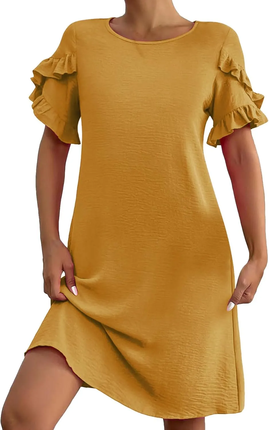 Womens Summer Mini Dress Crewneck Petal Short Sleeve A-Line Shift Dressr Casual Beach Sundress with Pockets 2025