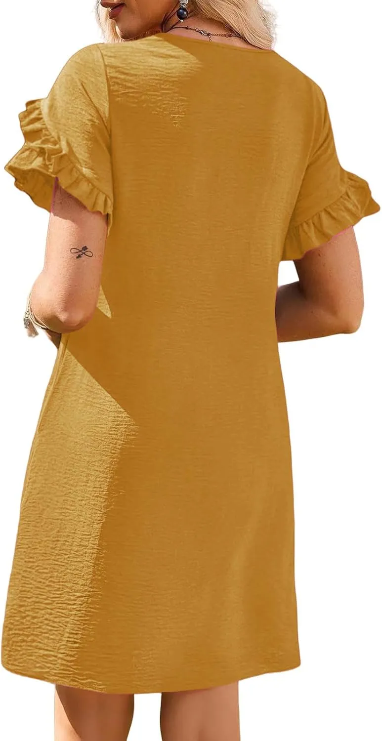 Womens Summer Mini Dress Crewneck Petal Short Sleeve A-Line Shift Dressr Casual Beach Sundress with Pockets 2025