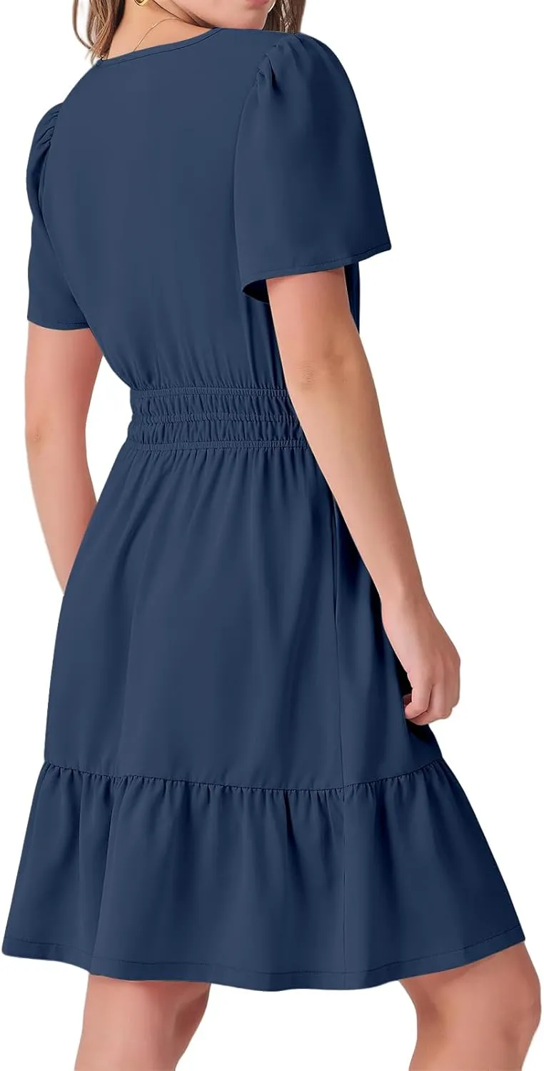 Women's Summer Mini Dress V Neck Short Sleeve Floral A Line High Waist Boho Cute Vacation Beach Dresses 2025