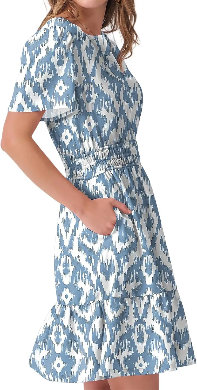 Women's Summer Mini Dress V Neck Short Sleeve Floral A Line High Waist Boho Cute Vacation Beach Dresses 2025