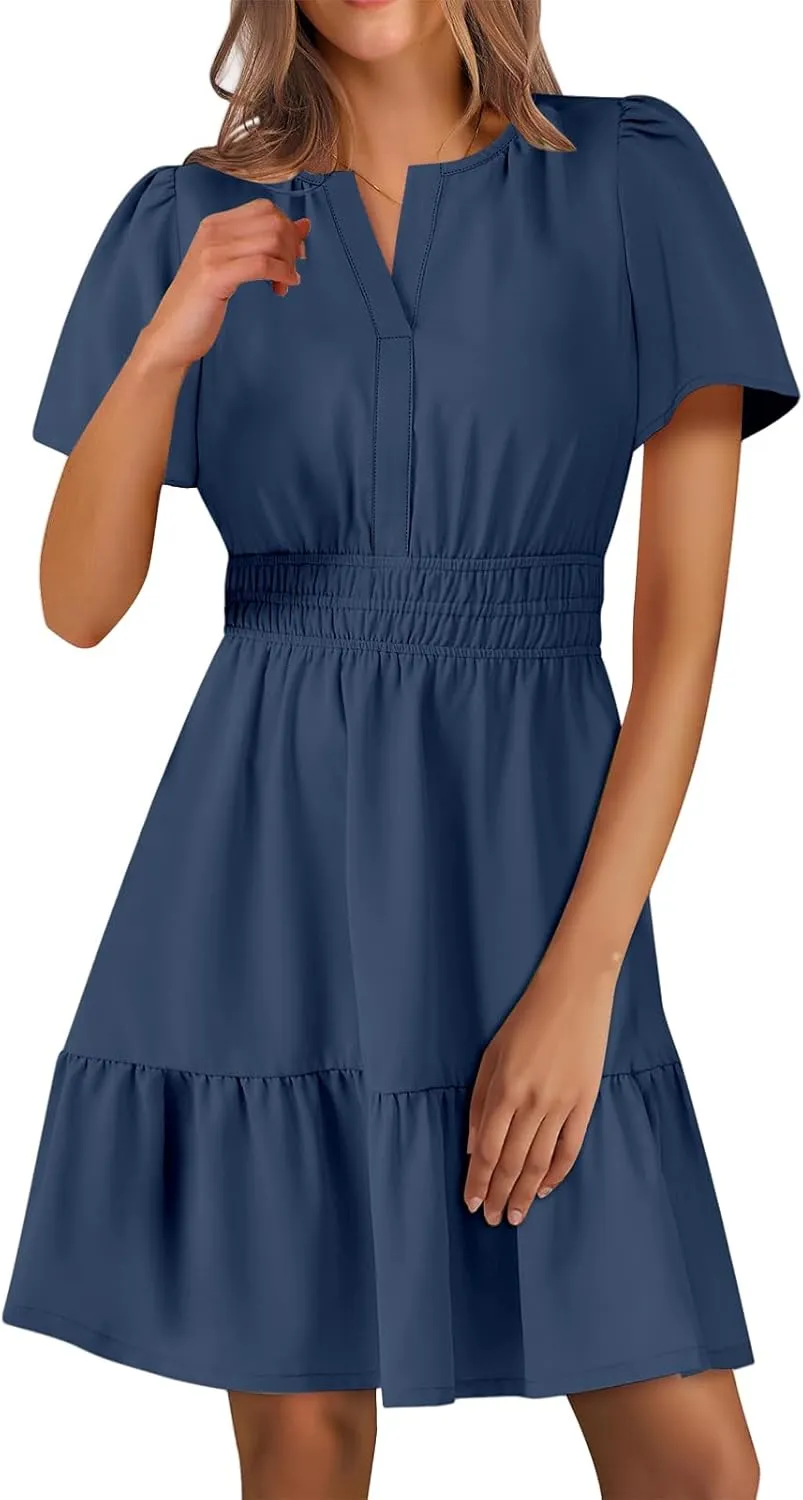 Women's Summer Mini Dress V Neck Short Sleeve Floral A Line High Waist Boho Cute Vacation Beach Dresses 2025