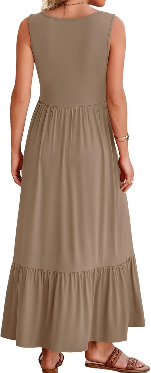 Women's Summer Sleeveless Dress Casual Loose Plain Maxi Sundress Square Neck Pleated Swing Long Dresses Travel Outfits