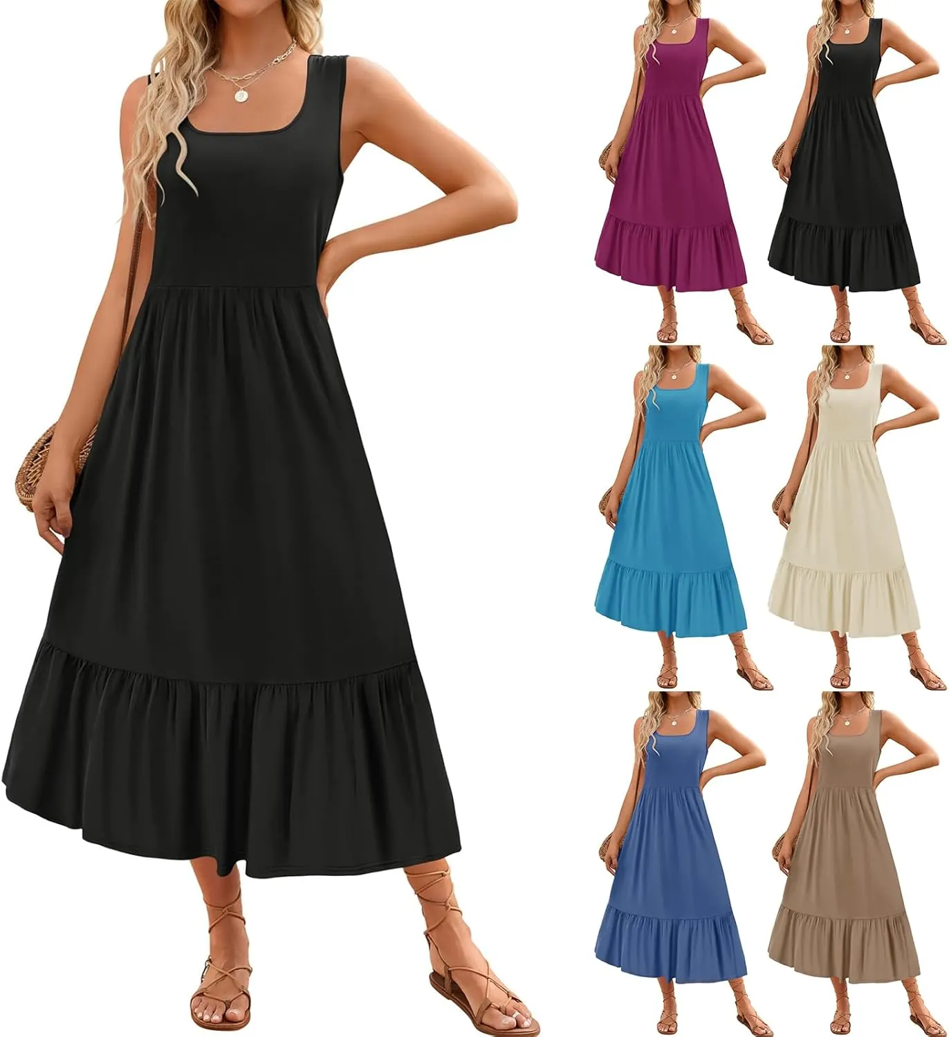 Women's Summer Sleeveless Dress Casual Loose Plain Maxi Sundress Square Neck Pleated Swing Long Dresses Travel Outfits