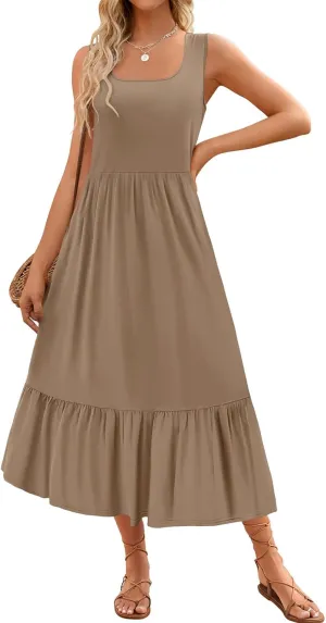 Women's Summer Sleeveless Dress Casual Loose Plain Maxi Sundress Square Neck Pleated Swing Long Dresses Travel Outfits