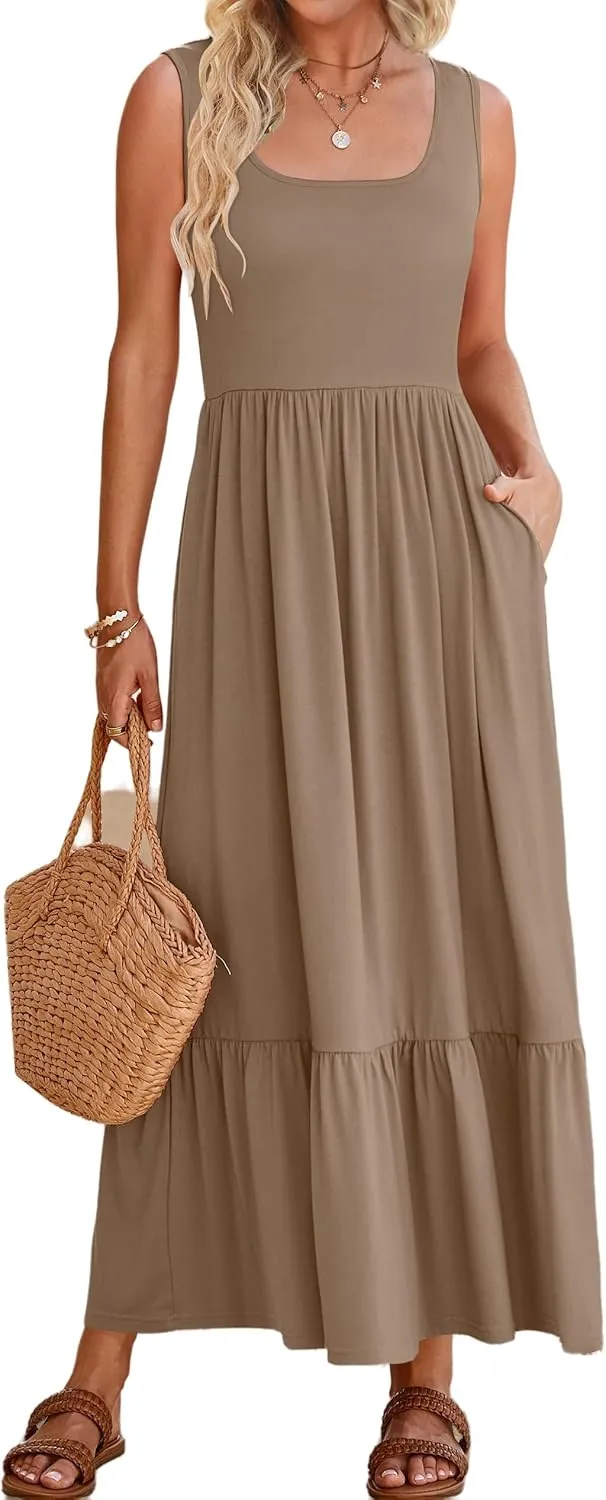 Women's Summer Sleeveless Dress Casual Loose Plain Maxi Sundress Square Neck Pleated Swing Long Dresses Travel Outfits