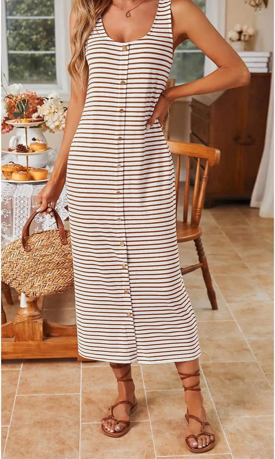 Womens Summer Sleeveless Midi Dress Casual Beach Dresses Striped Slim Fit Waist Split Sundress Vacation Travel Outfit