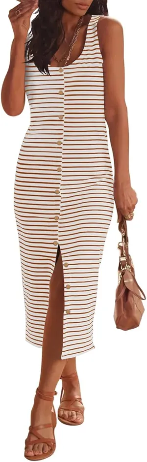 Womens Summer Sleeveless Midi Dress Casual Beach Dresses Striped Slim Fit Waist Split Sundress Vacation Travel Outfit