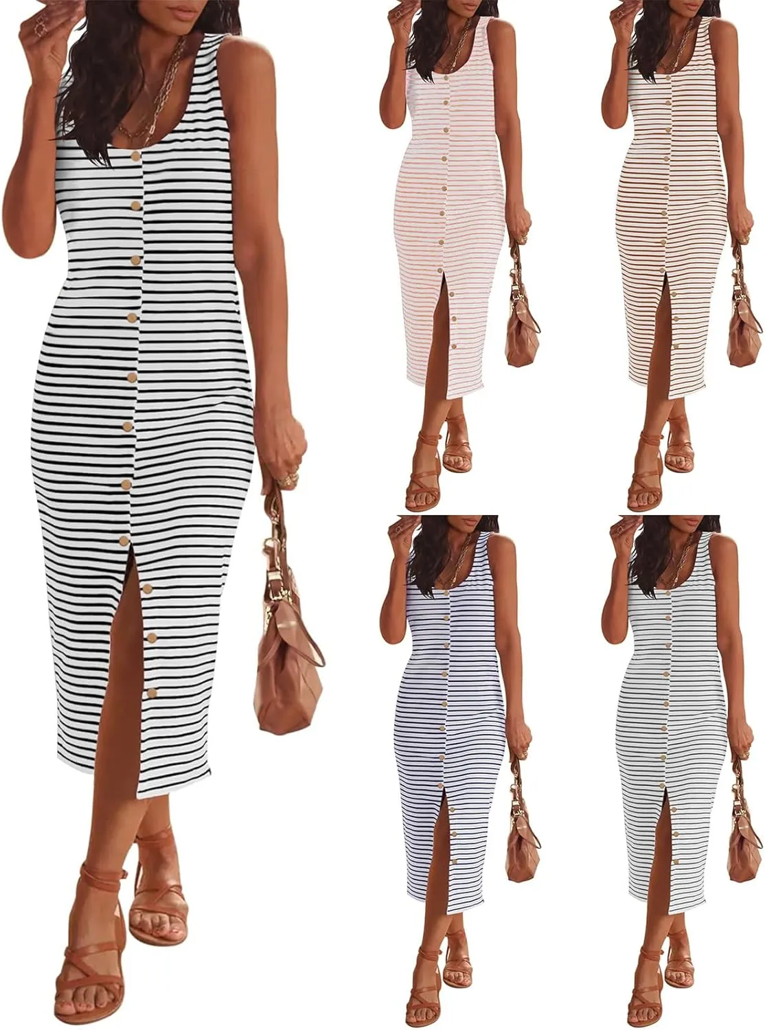 Womens Summer Sleeveless Midi Dress Casual Beach Dresses Striped Slim Fit Waist Split Sundress Vacation Travel Outfit