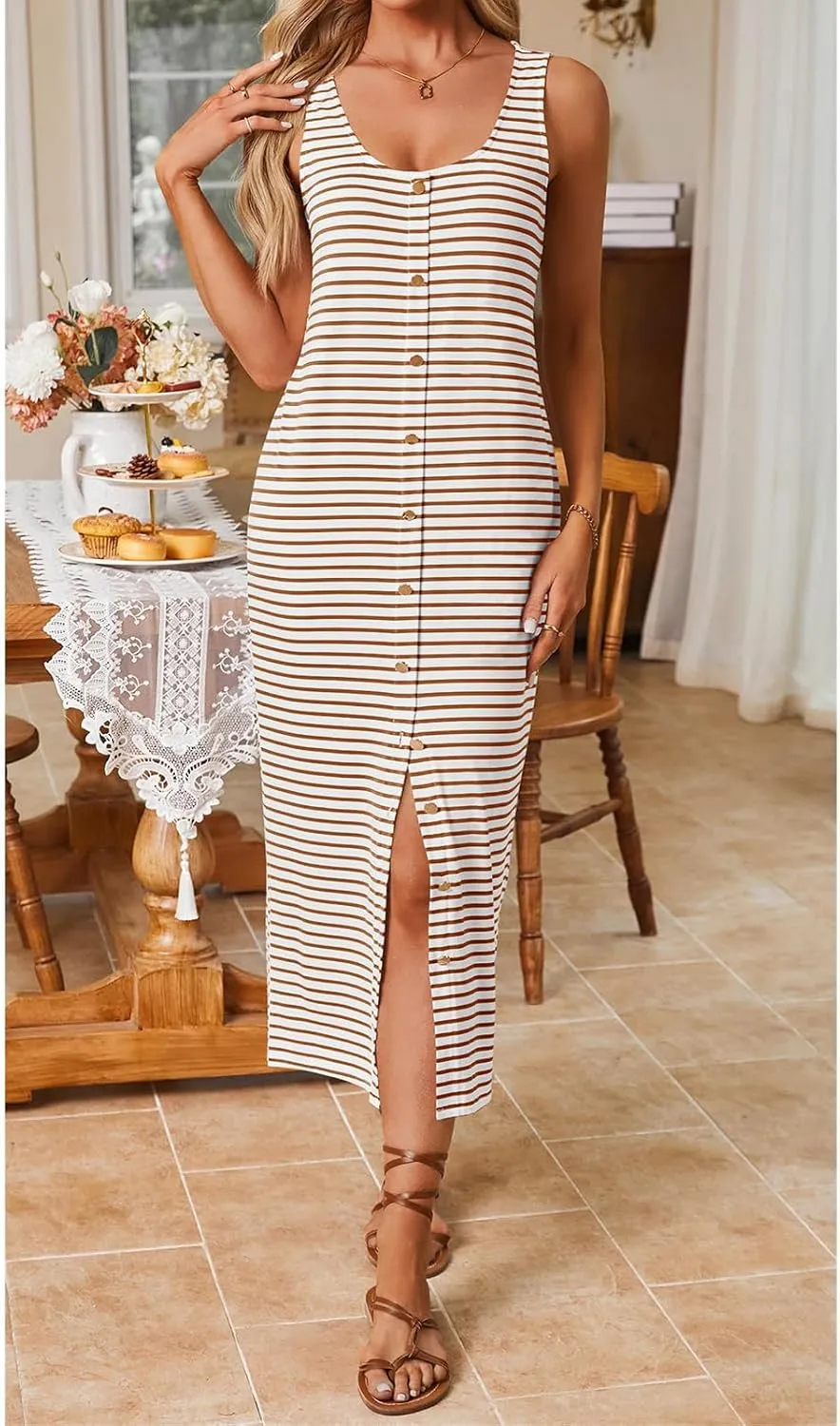 Womens Summer Sleeveless Midi Dress Casual Beach Dresses Striped Slim Fit Waist Split Sundress Vacation Travel Outfit