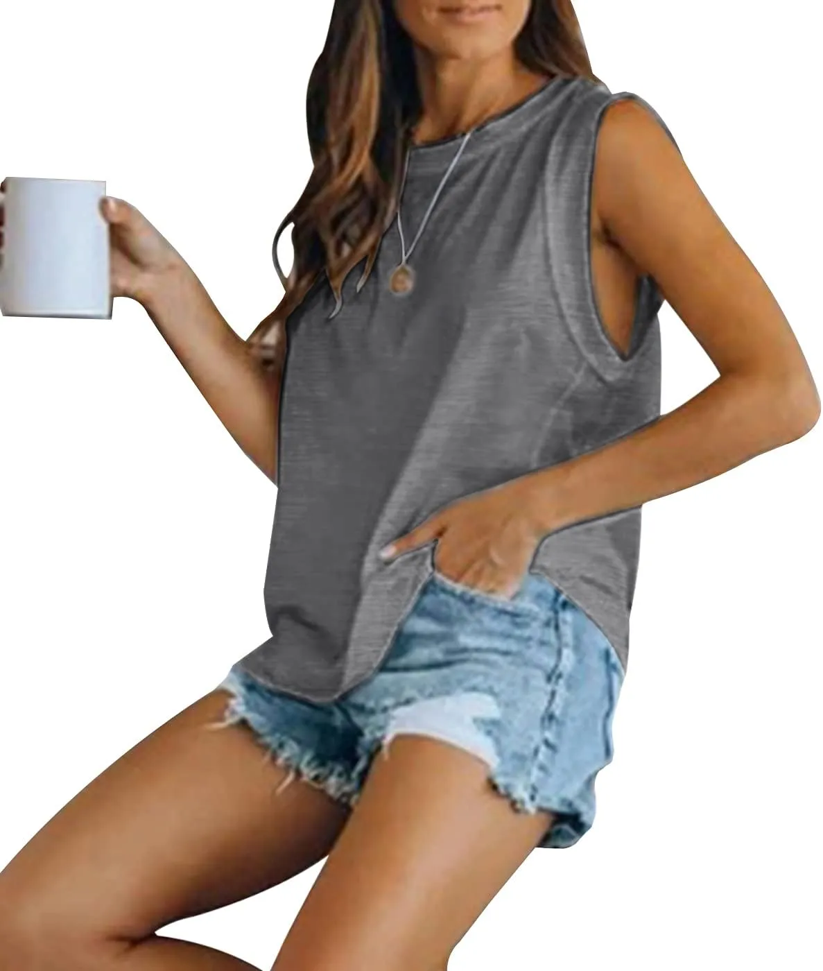 Women's Summer Sleeveless Tank Top Loose Fit Casual Crew Neck T Shirts Basic Tee Tops