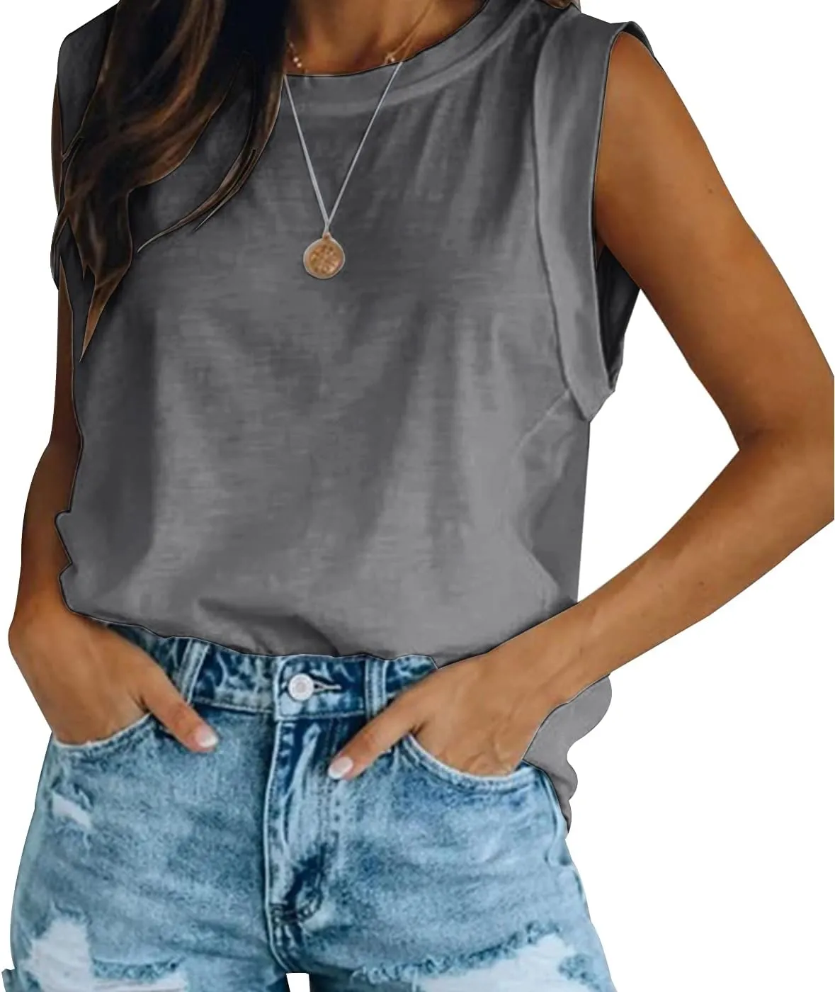 Women's Summer Sleeveless Tank Top Loose Fit Casual Crew Neck T Shirts Basic Tee Tops