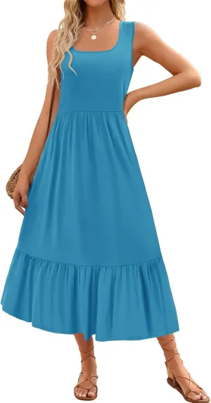 Womens Summer Sundress Crewneck Sleeveless Flowy Tiered Maxi Long Beach Dress Casual Vacation Outfits with Pockets