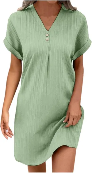Women's Summer Sundress Short Sleeve V Neck Pullover Midi Dresses Button Down Shirts Skirts Travel Vacation Outfits
