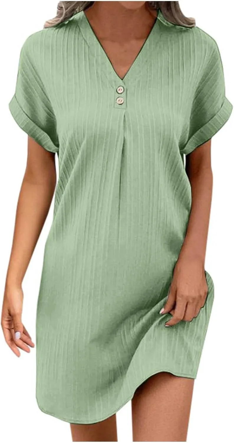 Women's Summer Sundress Short Sleeve V Neck Pullover Midi Dresses Button Down Shirts Skirts Travel Vacation Outfits