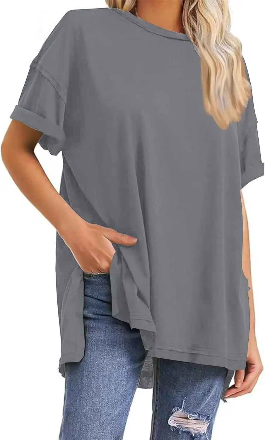 Womens Summer T Shirts Oversized Short Sleeve Crew Neck Loose Tops Side Split Hem Solid Color Basic Casual Tee 2025