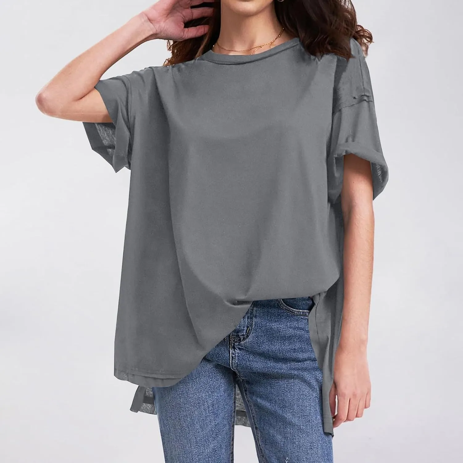 Womens Summer T Shirts Oversized Short Sleeve Crew Neck Loose Tops Side Split Hem Solid Color Basic Casual Tee 2025