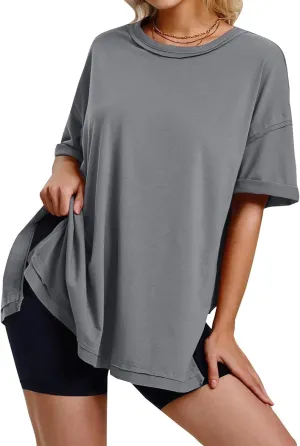 Womens Summer T Shirts Oversized Short Sleeve Crew Neck Loose Tops Side Split Hem Solid Color Basic Casual Tee 2025