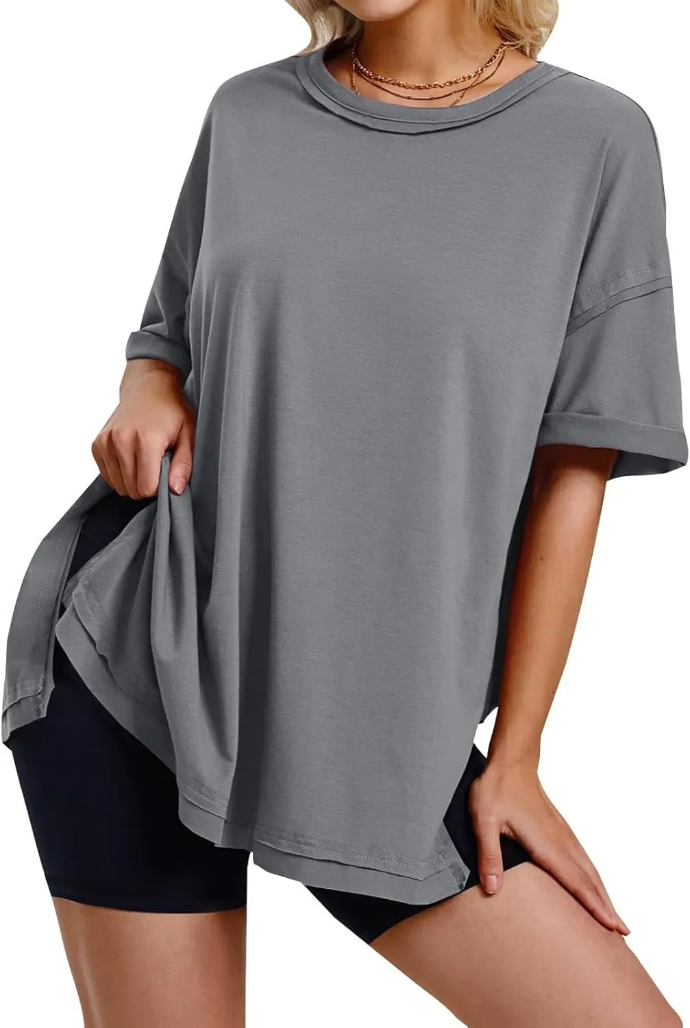 Womens Summer T Shirts Oversized Short Sleeve Crew Neck Loose Tops Side Split Hem Solid Color Basic Casual Tee 2025