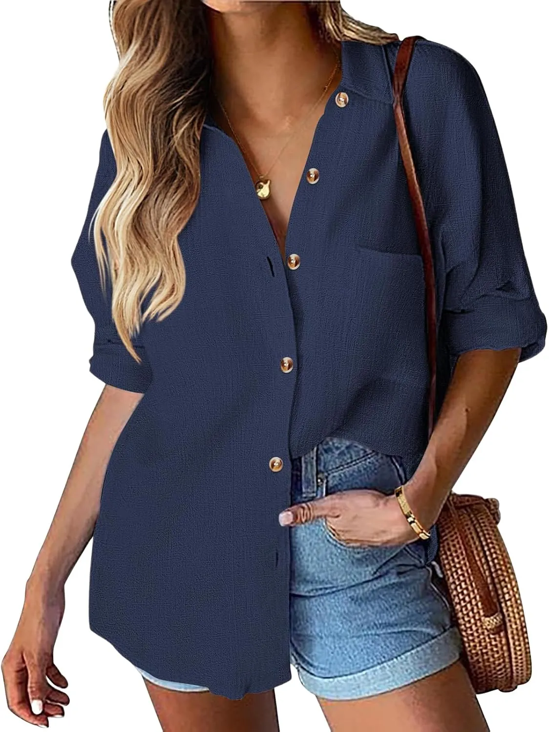 Womens Summer Tops Casual Linen Button Down Shirt V Neck Collared Long Sleeve Shirts Loose Fit Beach Tops with Pocket