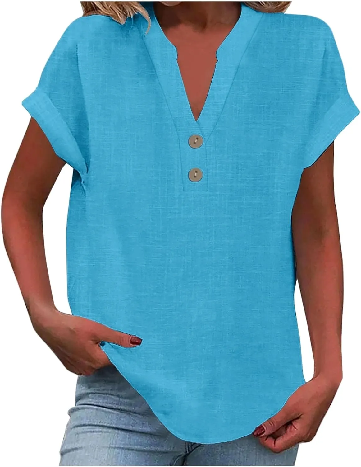 Womens Summer Tops Lightweight Trendy Linen Shirts Comfy Button Down Short Sleeve V Neck Tops Casual Dressy Blouses