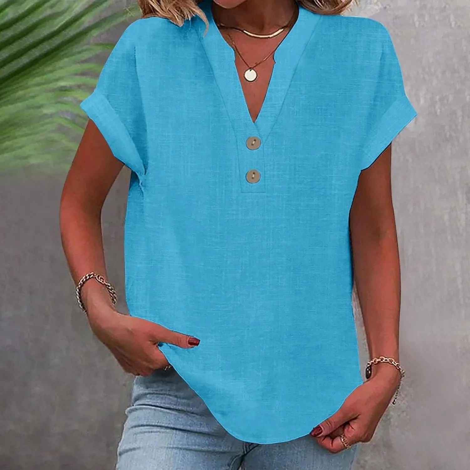 Womens Summer Tops Lightweight Trendy Linen Shirts Comfy Button Down Short Sleeve V Neck Tops Casual Dressy Blouses