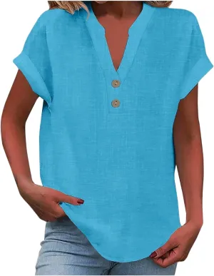 Womens Summer Tops Lightweight Trendy Linen Shirts Comfy Button Down Short Sleeve V Neck Tops Casual Dressy Blouses