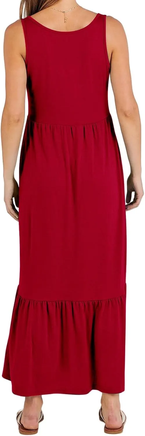 Women's Summer Vest Dress U Neck Sleeveless Maxi Skirt Dresses Tiered A Line Ruffle High Waisted Flowy Beach Dress