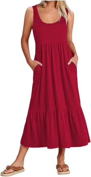 Women's Summer Vest Dress U Neck Sleeveless Maxi Skirt Dresses Tiered A Line Ruffle High Waisted Flowy Beach Dress