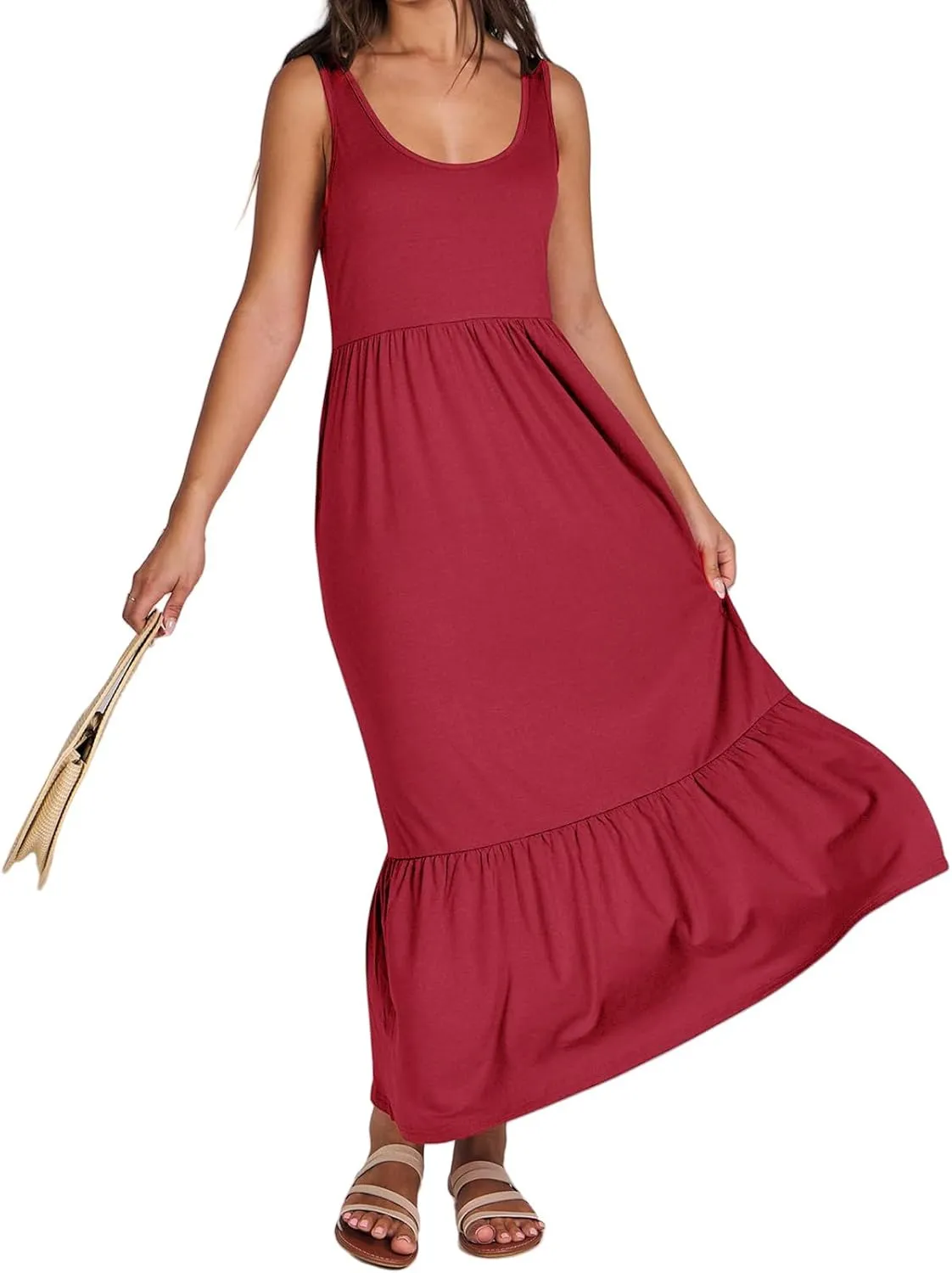 Women's Summer Vest Dress U Neck Sleeveless Maxi Skirt Dresses Tiered A Line Ruffle High Waisted Flowy Beach Dress