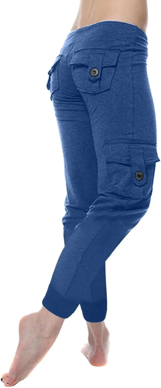 Womens Tapered Yoga Pants Butt Lifting Athletic Pant Stretch High Waisted Pants Button Up Cargo Pant with Pockets