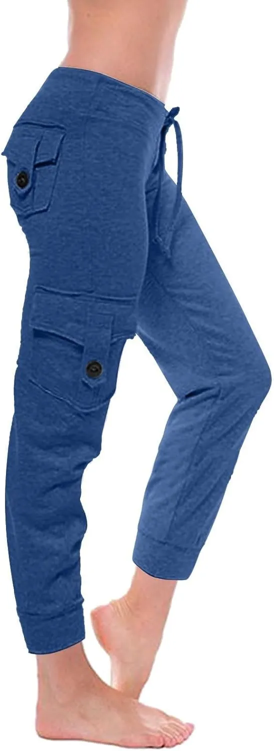 Womens Tapered Yoga Pants Butt Lifting Athletic Pant Stretch High Waisted Pants Button Up Cargo Pant with Pockets