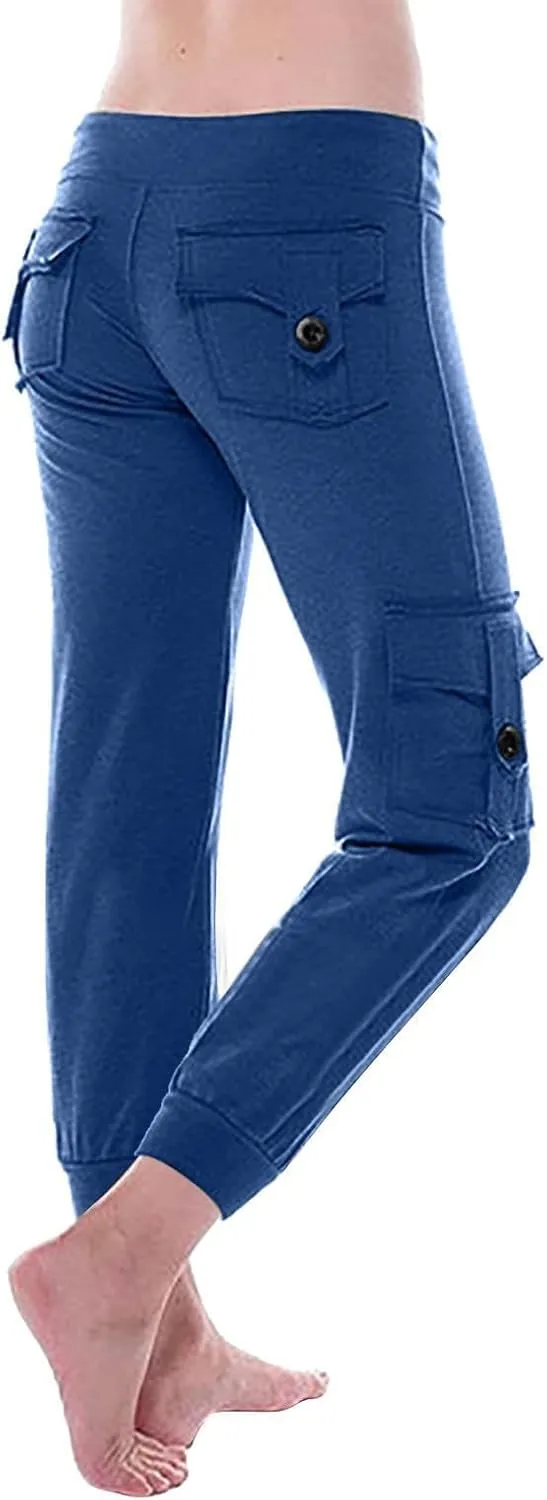 Womens Tapered Yoga Pants Butt Lifting Athletic Pant Stretch High Waisted Pants Button Up Cargo Pant with Pockets