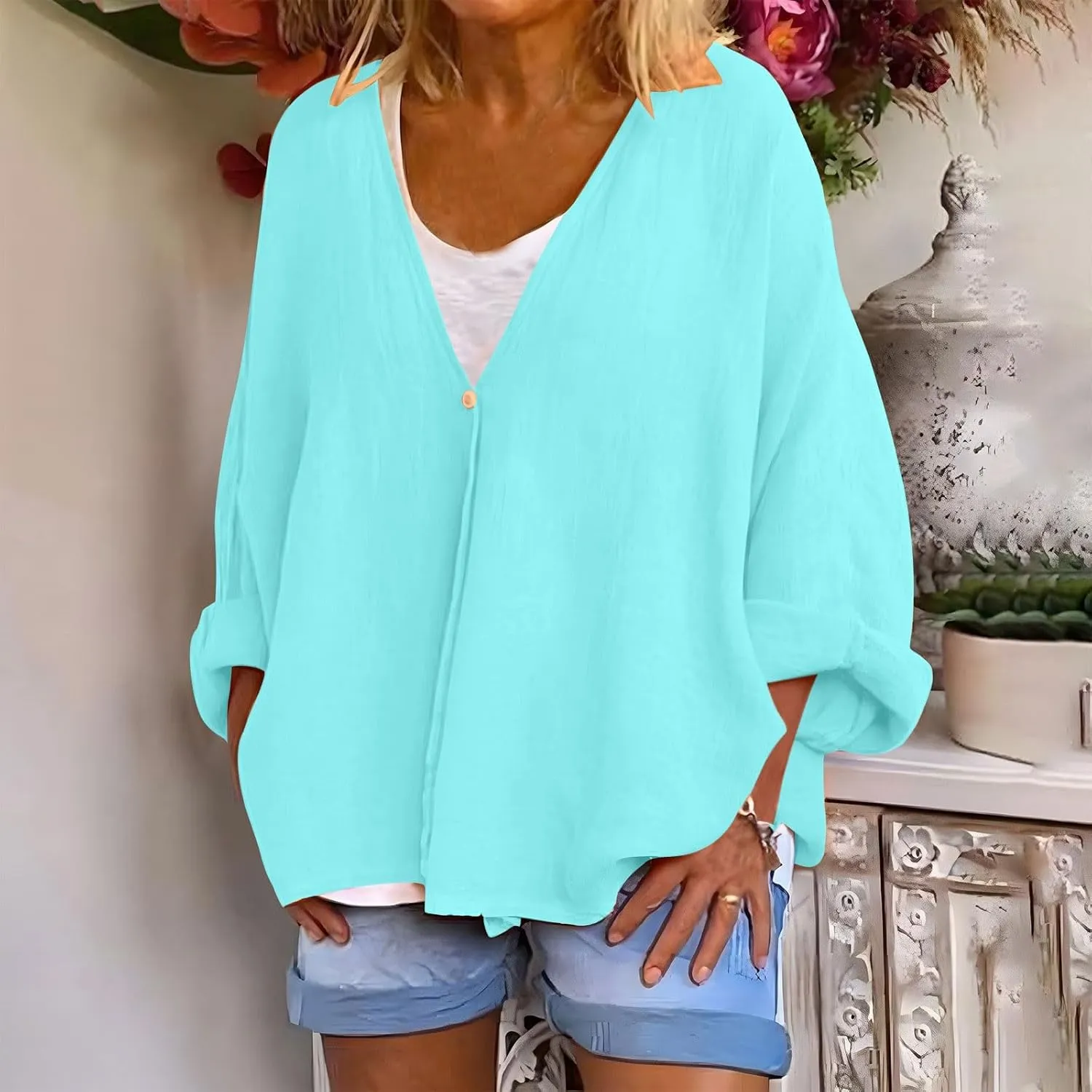 Womens Tops Casual Summer Linen Work Tops Trendy Button Down V Neck Long Sleeve Shirts Oversized Comfy Top Blouses