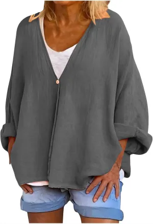 Womens Tops Casual Summer Linen Work Tops Trendy Button Down V Neck Long Sleeve Shirts Oversized Comfy Top Blouses