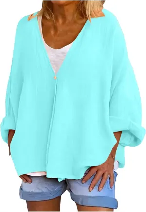 Womens Tops Casual Summer Linen Work Tops Trendy Button Down V Neck Long Sleeve Shirts Oversized Comfy Top Blouses