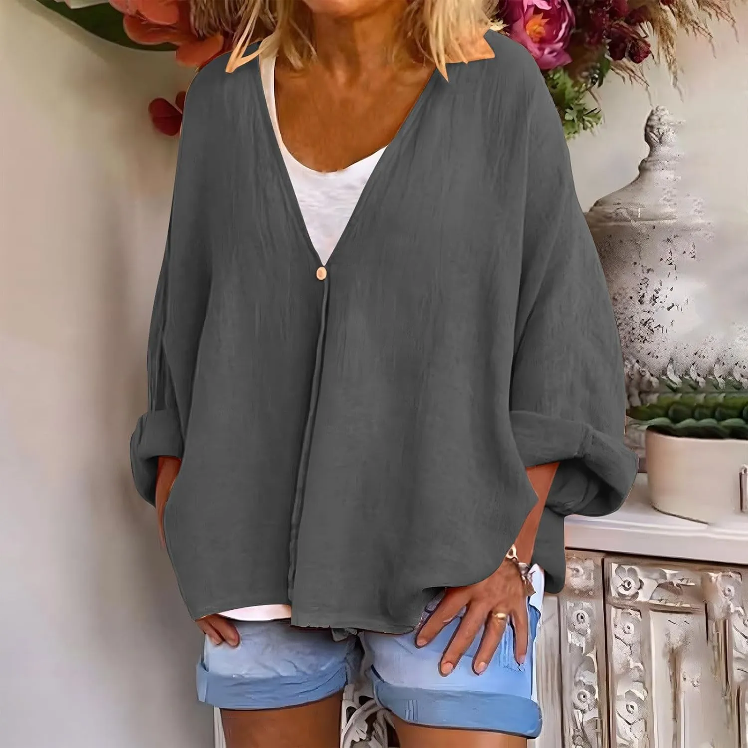 Womens Tops Casual Summer Linen Work Tops Trendy Button Down V Neck Long Sleeve Shirts Oversized Comfy Top Blouses