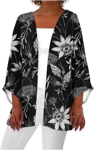 Women's Trendy Vintage Floral Lightweight Cardigan Jacket Plus Size Coat,S-5XL