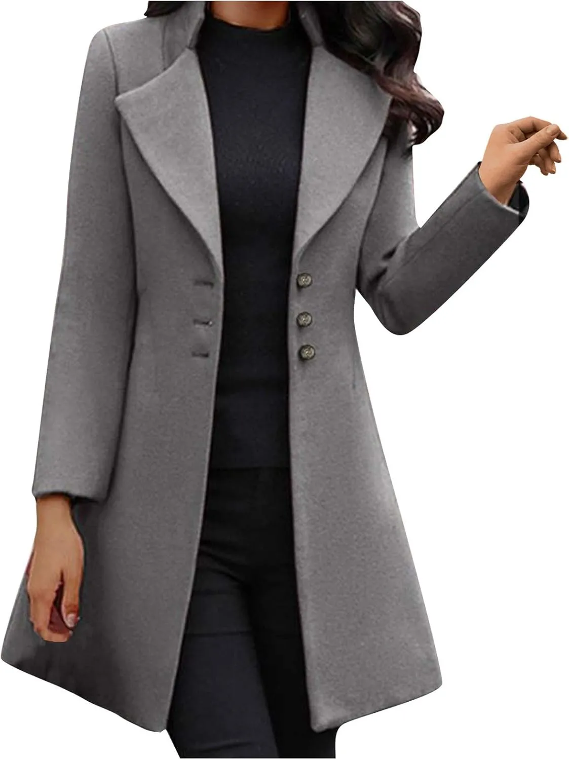Womens Trendy Wool Blend Coat Elegant Single Breasted Mid Long Trench Coat Plus Size Fitted Fashion Pea Jackets