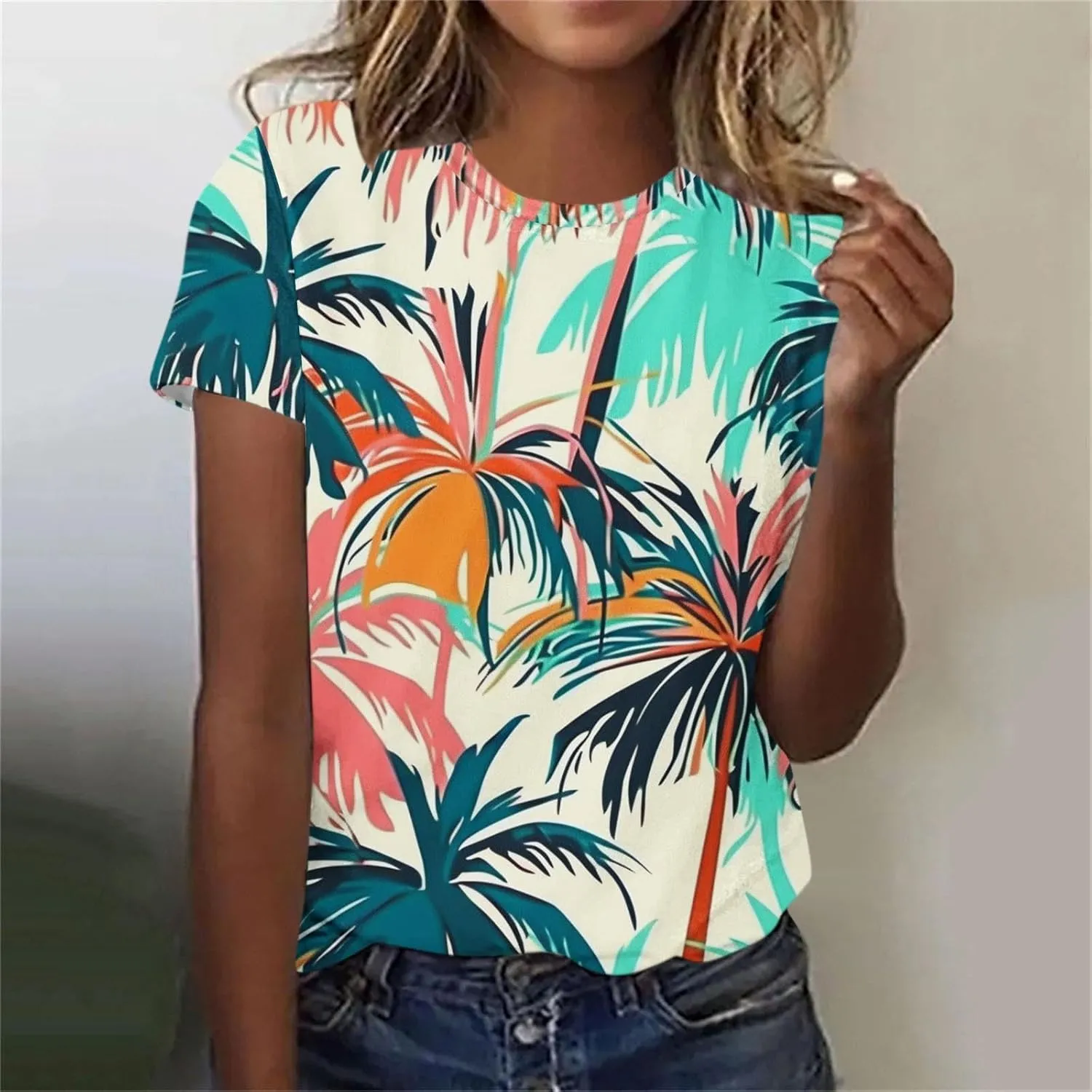 Women's Tropical Print Crewneck Tshirt Summer Vacation Dressy Casual Short Sleeve Shirts Lightweight Tunic Tops