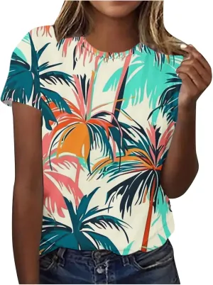 Women's Tropical Print Crewneck Tshirt Summer Vacation Dressy Casual Short Sleeve Shirts Lightweight Tunic Tops