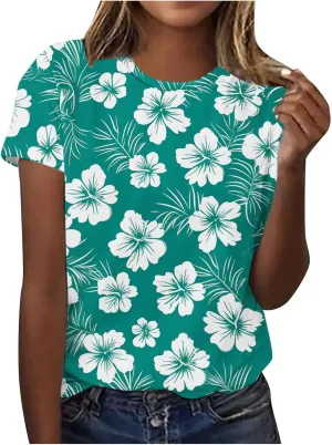 Women's Tropical Print Crewneck Tshirt Summer Vacation Dressy Casual Short Sleeve Shirts Lightweight Tunic Tops