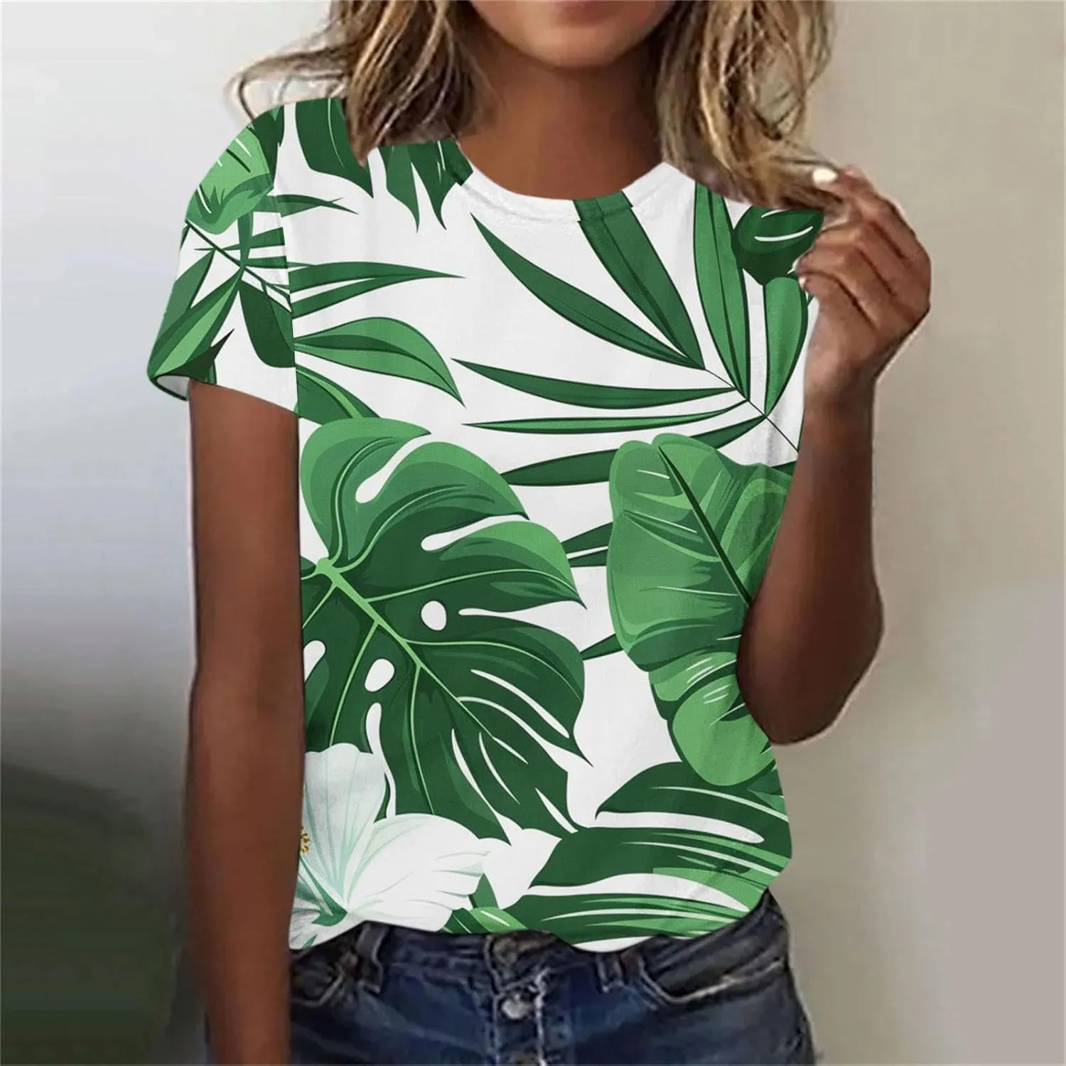 Women's Tropical Print Crewneck Tshirt Summer Vacation Dressy Casual Short Sleeve Shirts Lightweight Tunic Tops