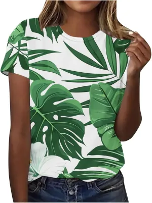 Women's Tropical Print Crewneck Tshirt Summer Vacation Dressy Casual Short Sleeve Shirts Lightweight Tunic Tops